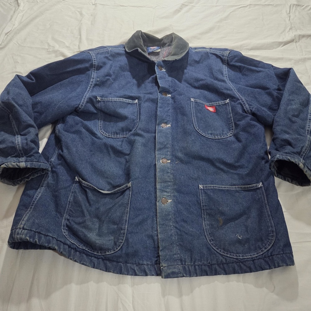 Dickies Distressed Denim Blue Chore Coat Blanket Lined Corduroy Collar Mens XXL - Picture 2 of 16